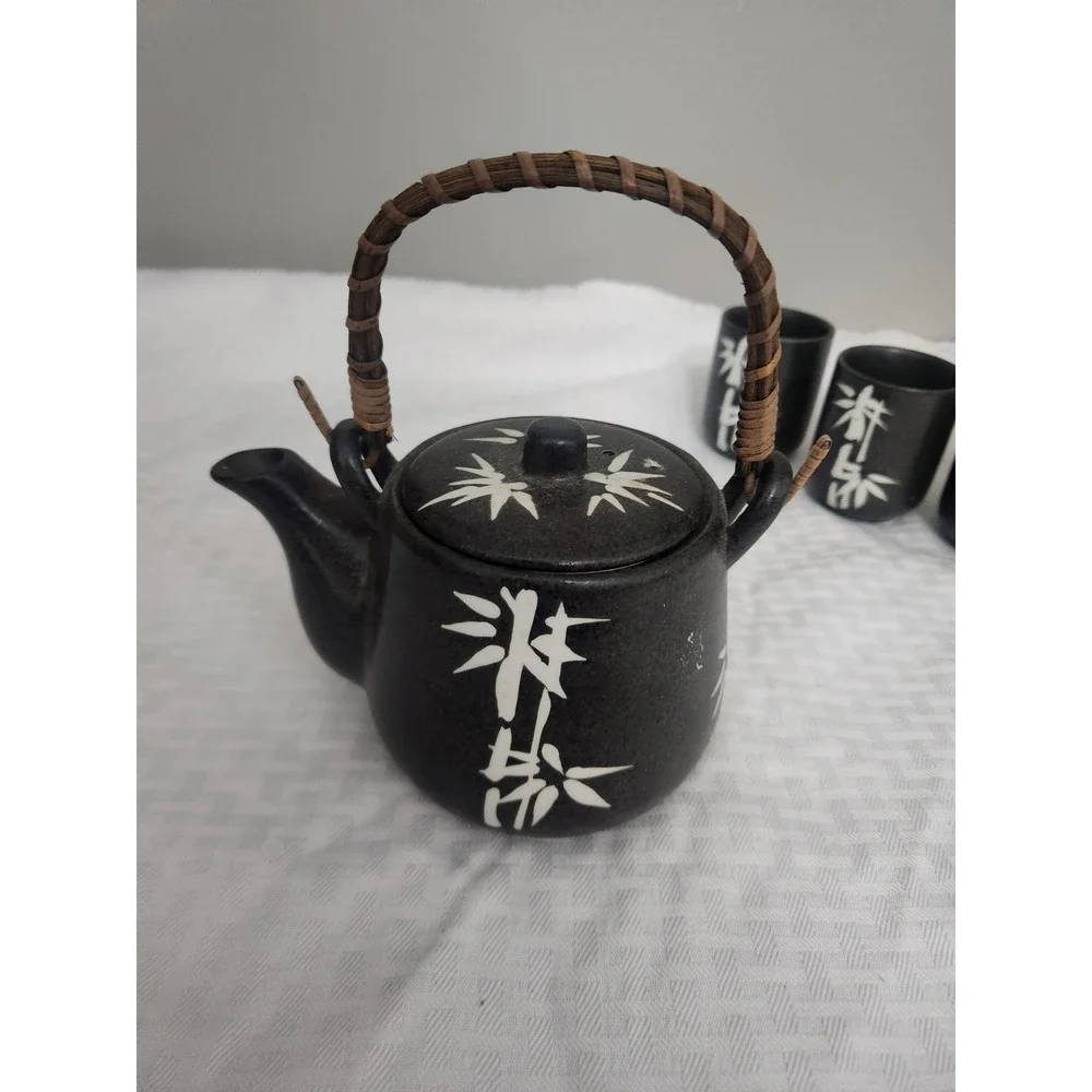 Black Ceramic Bamboo Tea Set with Rattan Handle 4 Cups and Infuser Japanese